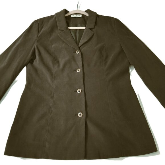 Jessica Petites Long Suede-Like 4 Button Olive Green Jacket Blazer Sz 12P Lined - Picture 3 of 13